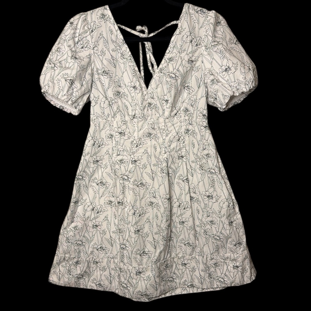 Club Monaco Cotton Puff Sleeve Floral Mini Dress Open Back Tie Cottagecore